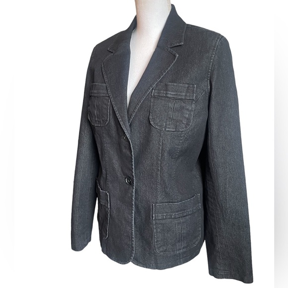 Attention Women’s Black Denim Double Button Blazer Jacket Pockets Lined Size 14 - Picture 1 of 16